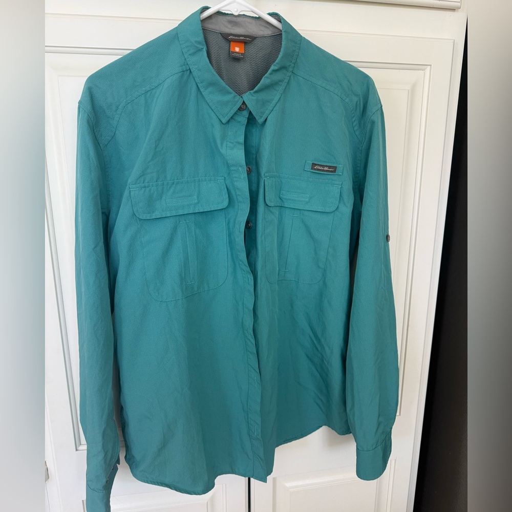 Eddie Bauer Long sleeve button down Guide shirt.  Dusty Teal color.  Size Large